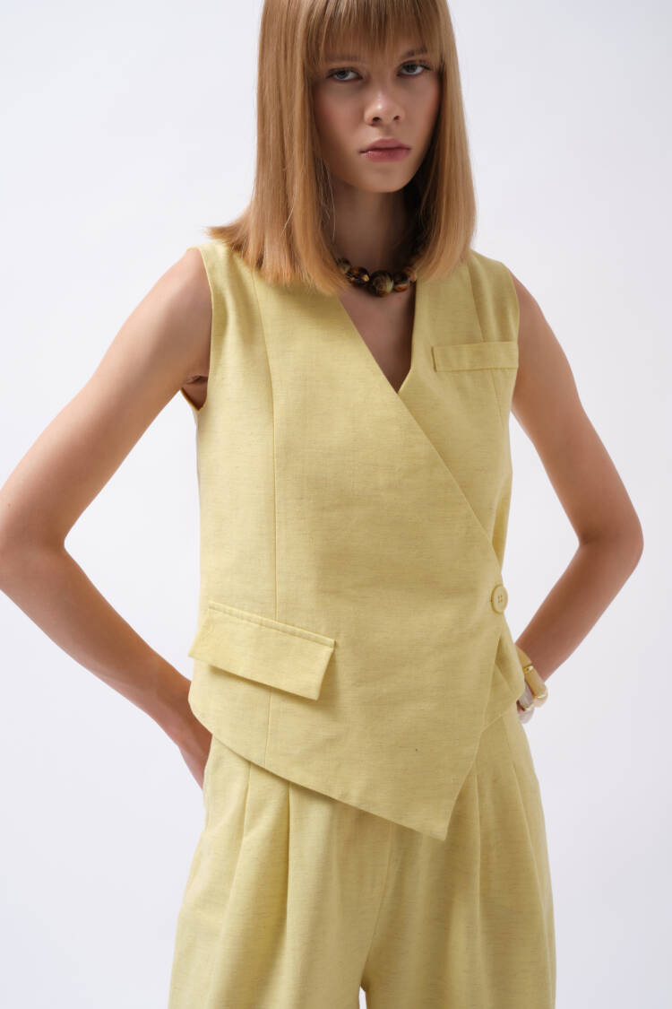 Side Button Asymmetric Linen Vest