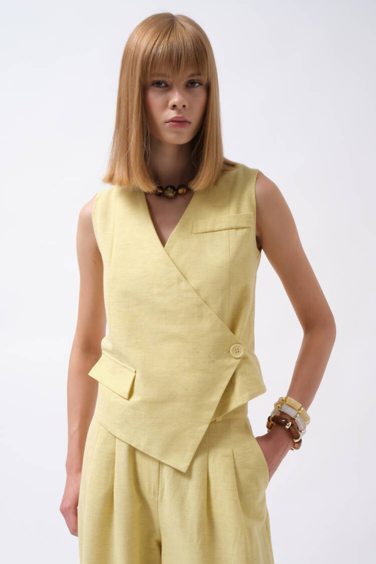 Side Button Asymmetric Linen Vest