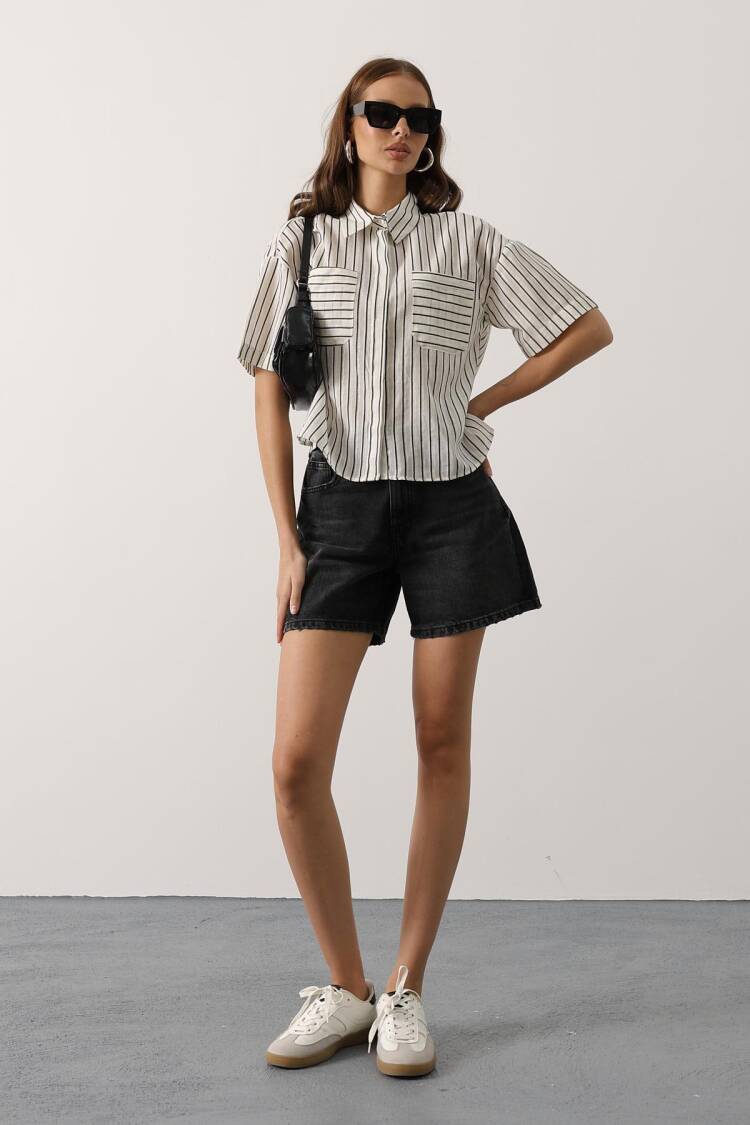 White Casual Striped Polo Neck Shirt