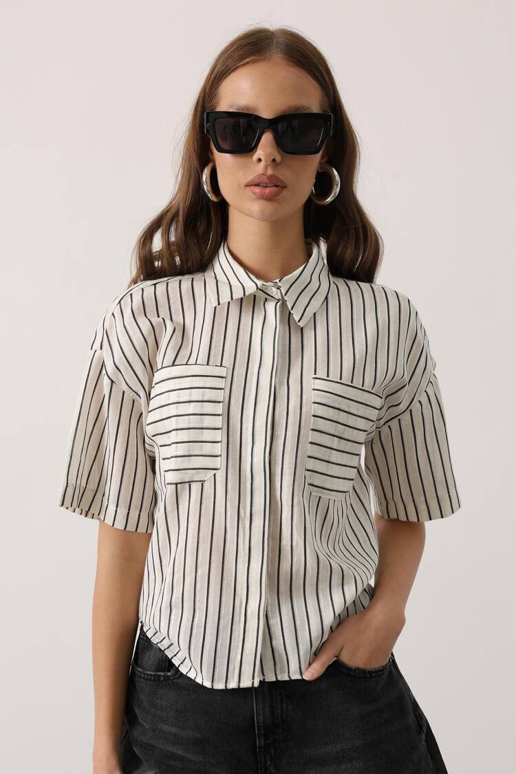 White Casual Striped Polo Neck Shirt