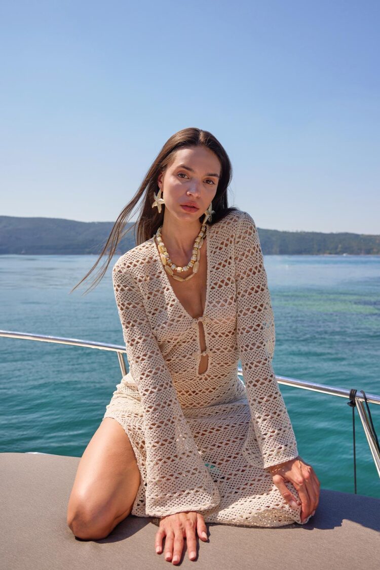 Beige Boho Sheath Dress With Bell Sleeves