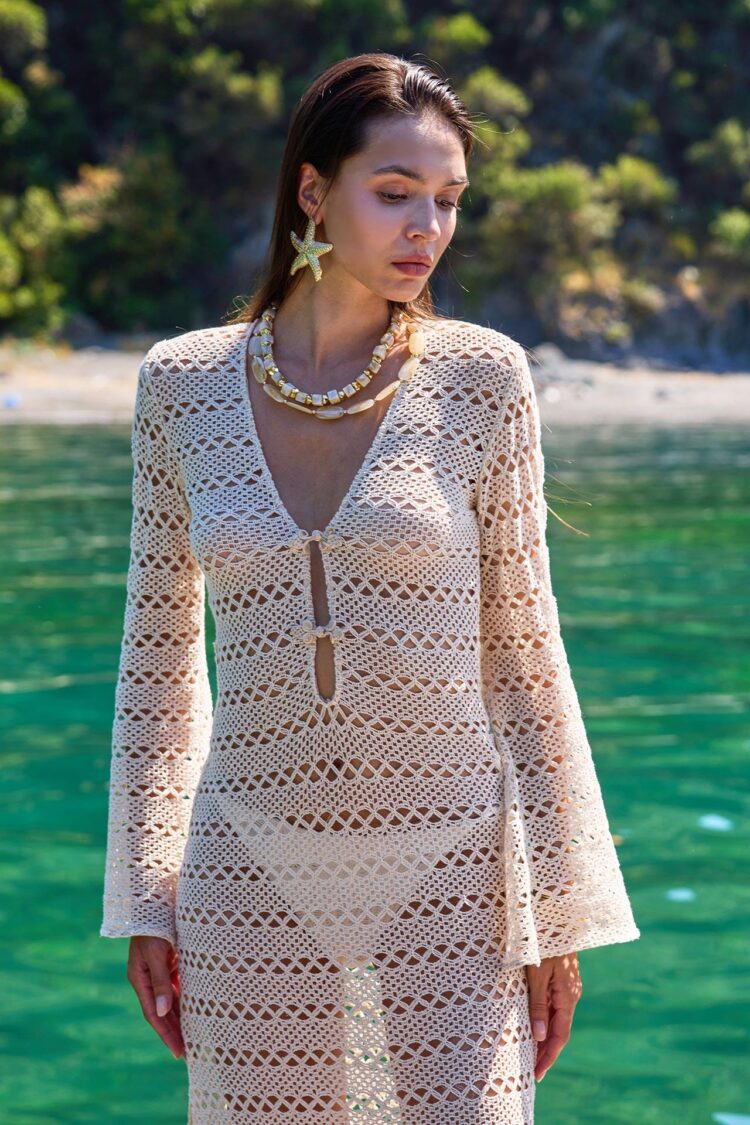 Beige Boho Sheath Dress With Bell Sleeves