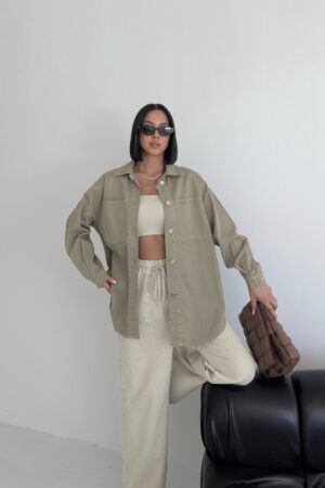 Khaki Oversized Fit Casual Long Sleeve Shirt - Brand: XLove - Women & Kids, Baby Clothes Wholesale - Globality Store