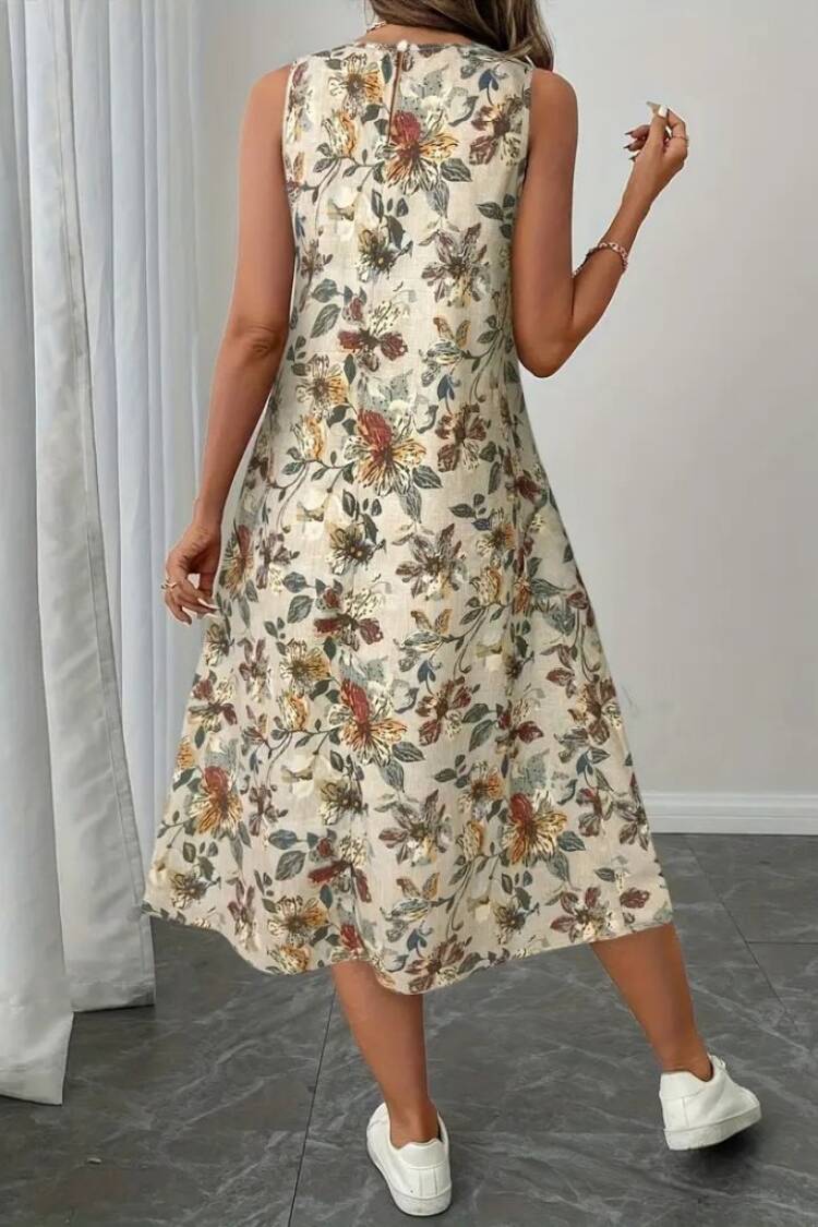 Beige Floral A-Line Midi Dress With Cap Sleeves