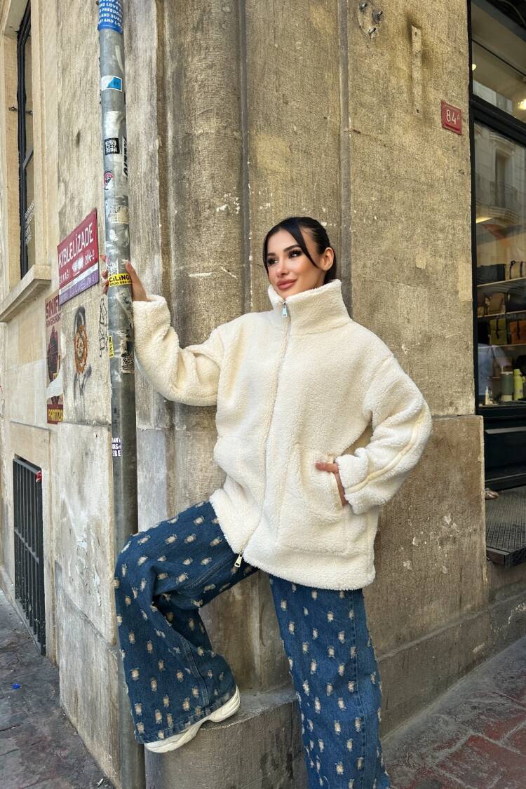 Beige Teddy Jacket Oversized Fit With High Collar