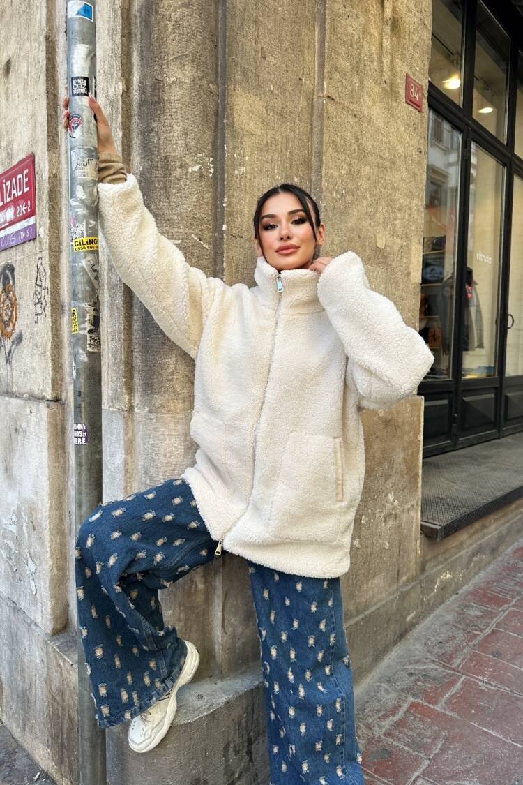 Beige Teddy Jacket Oversized Fit With High Collar