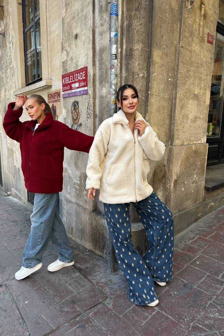 Beige Teddy Jacket Oversized Fit With High Collar