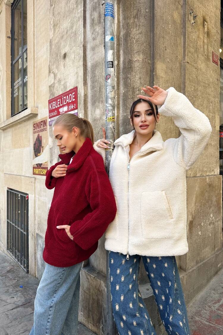 Beige Teddy Jacket Oversized Fit With High Collar