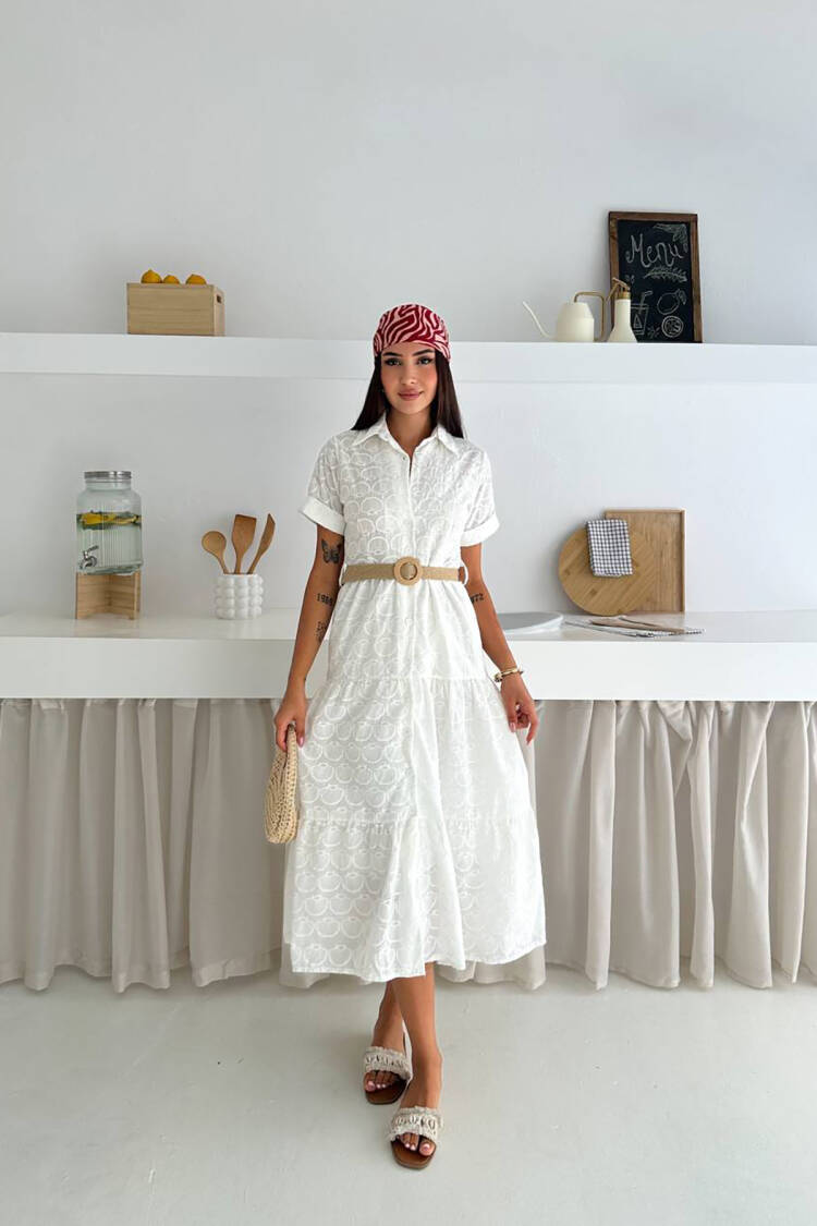 White Elegant Casual Shirt Dress - Midi Length