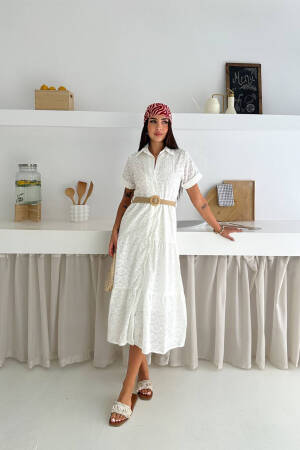 White Elegant Casual Shirt Dress - Midi Length