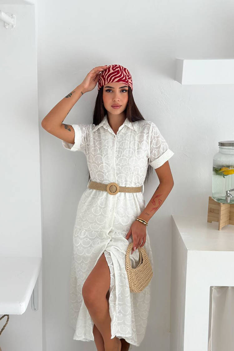White Elegant Casual Shirt Dress - Midi Length