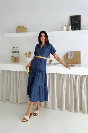 Blue Elegant Casual Shirt Dress Midi Length