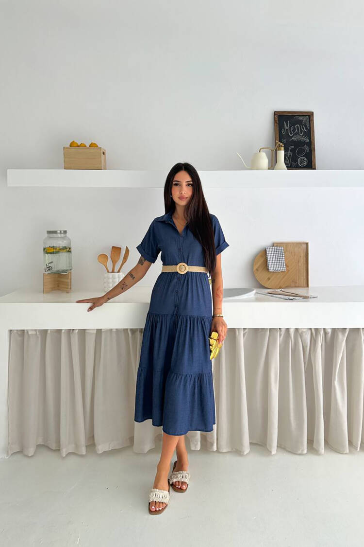 Blue Elegant Casual Shirt Dress Midi Length