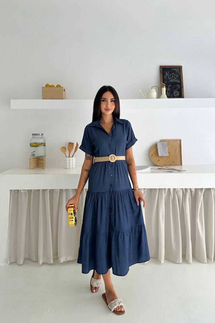 Blue Elegant Casual Shirt Dress Midi Length