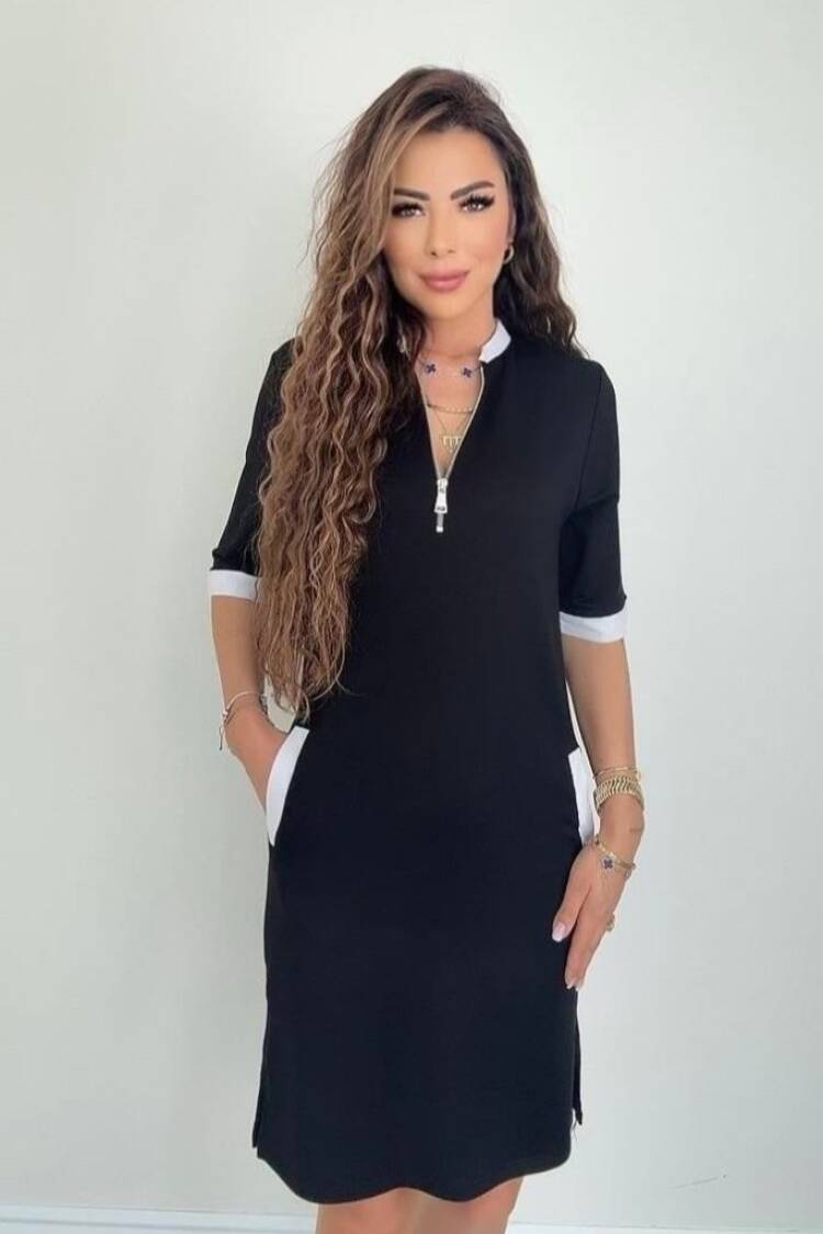 Black Elegant V-Neck Shift Dress