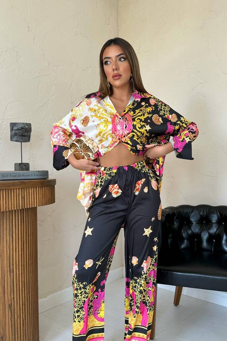Wholesale Yellow Shirt And Patterned Pants Suit