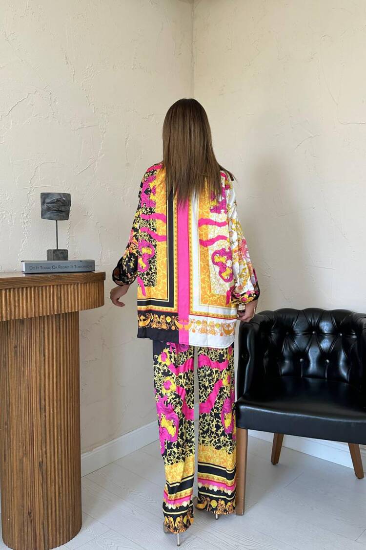 Wholesale Yellow Shirt And Patterned Pants Suit