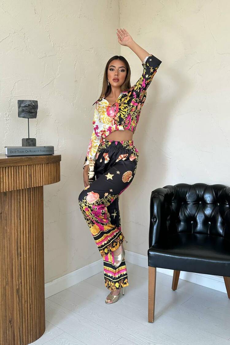 Wholesale Yellow Shirt And Patterned Pants Suit
