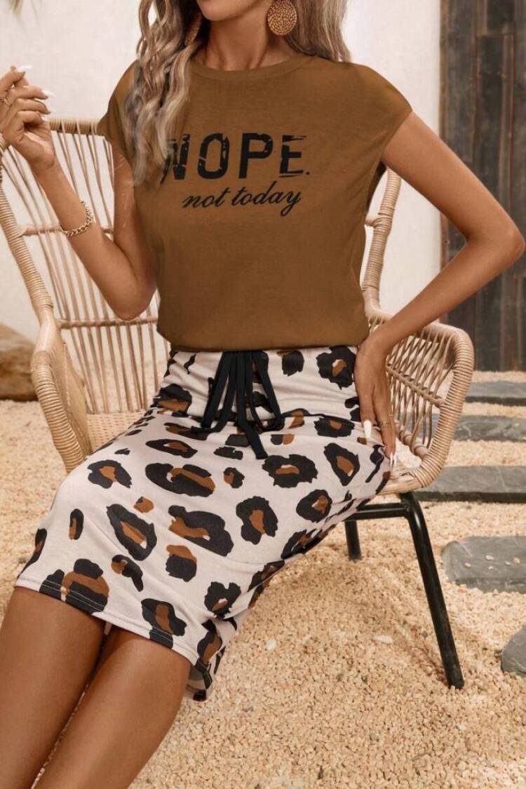 Brown Leopard Print Pencil Skirt Set