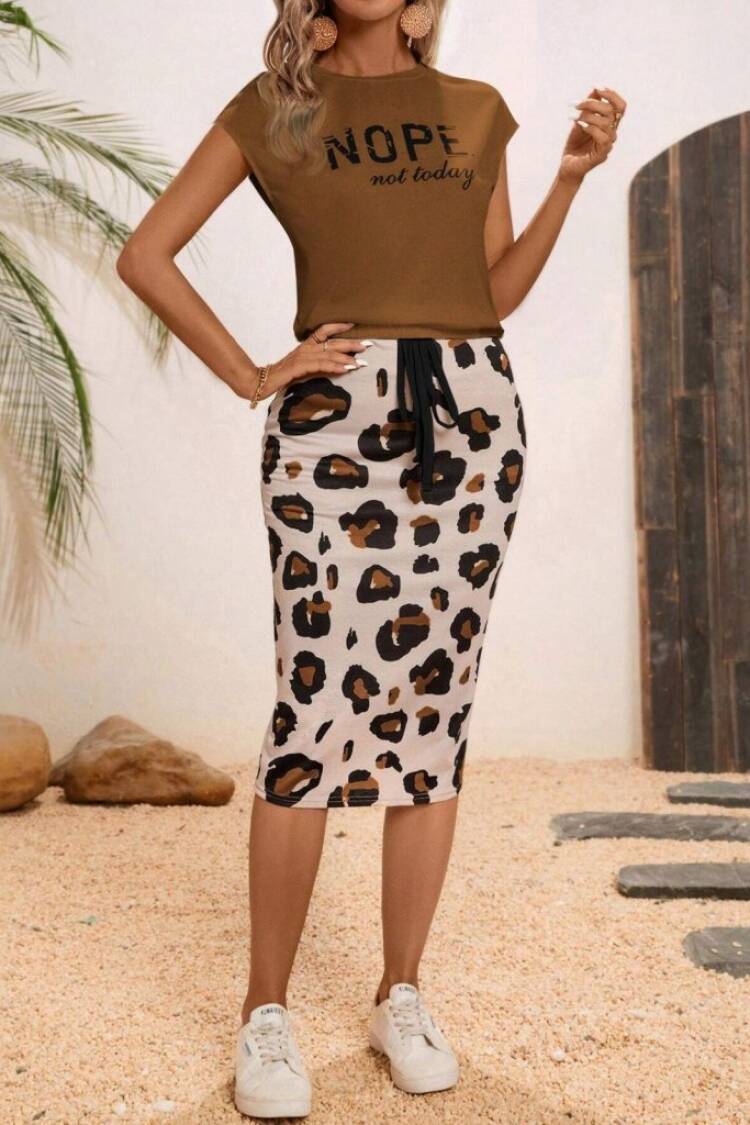 Brown Leopard Print Pencil Skirt Set