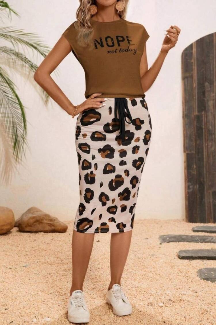 Brown Leopard Print Pencil Skirt Set