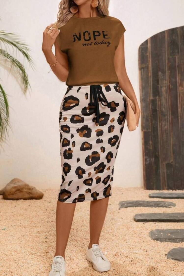 Brown Leopard Print Pencil Skirt Set
