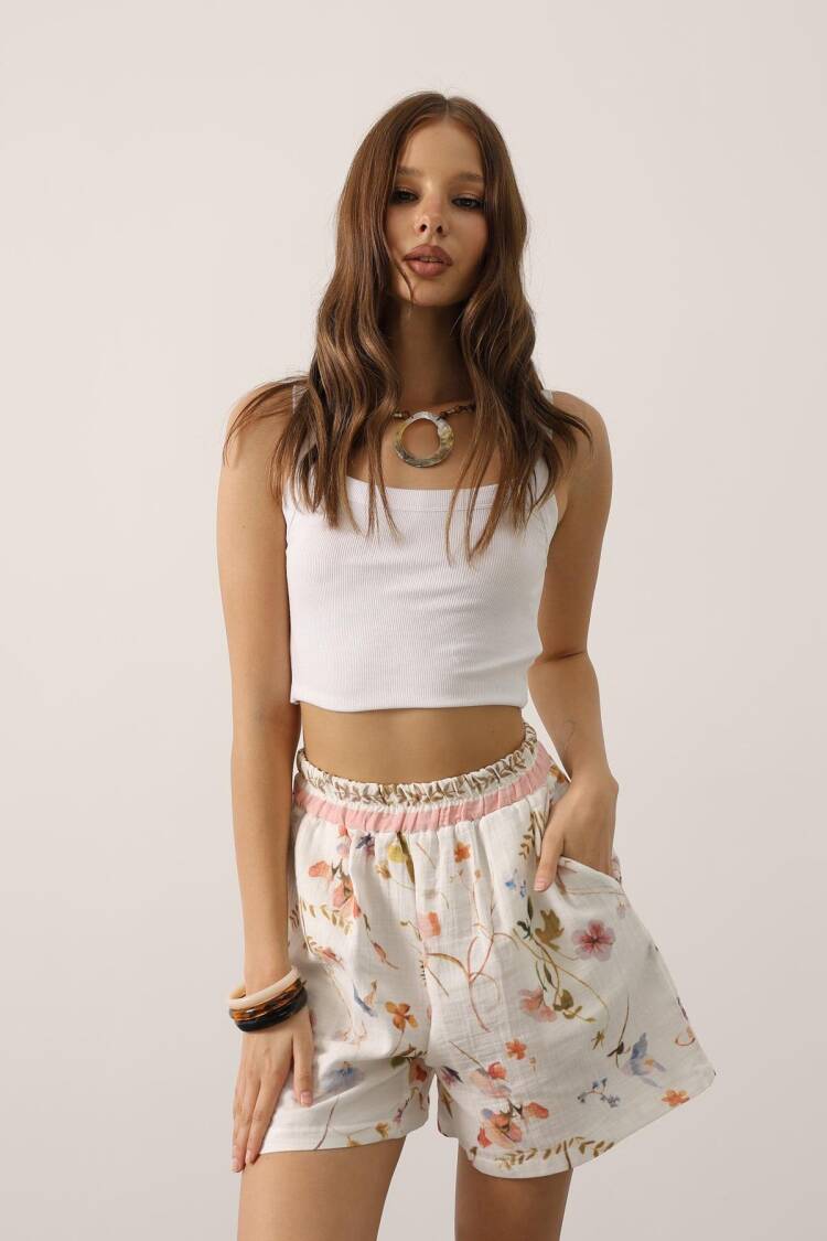White Paper Bag Shorts With Floral Design