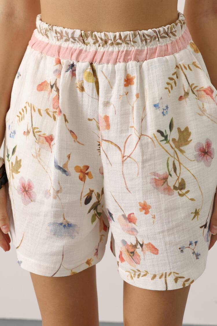 White Paper Bag Shorts With Floral Design