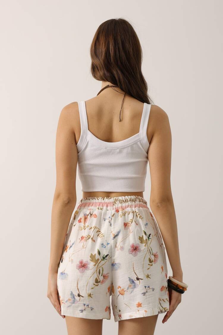 White Paper Bag Shorts With Floral Design