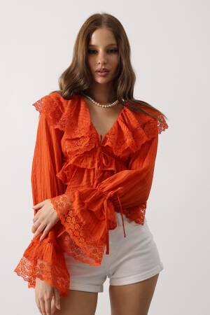 Orange Boho Blouse With Ruffle Long Sleeves