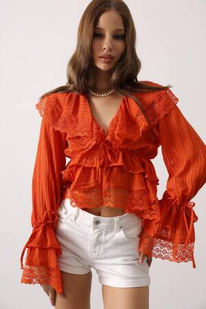 Orange Boho Blouse With Ruffle Long Sleeves