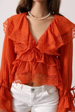 Orange Boho Blouse With Ruffle Long Sleeves
