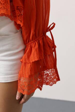 Orange Boho Blouse With Ruffle Long Sleeves