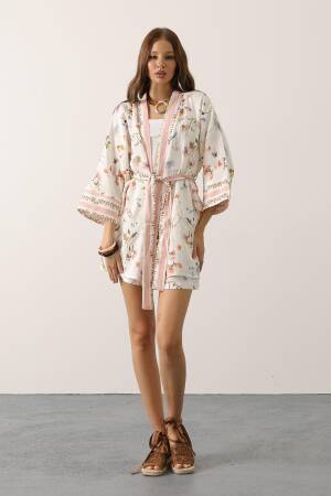 White Kimono With Floral Pattern And Shawl Collar