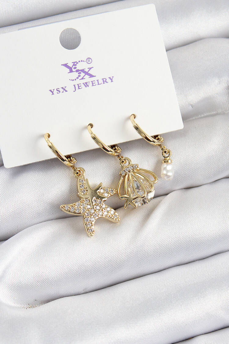 Brass Zircon Stone Starfish And Oyster Model Gold Color 3 Piece Women's Earrings
