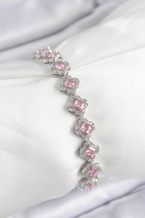 Brass Zircon Stone Pink Clover Baguette Model Silver Color Viping Series Women Bracelet