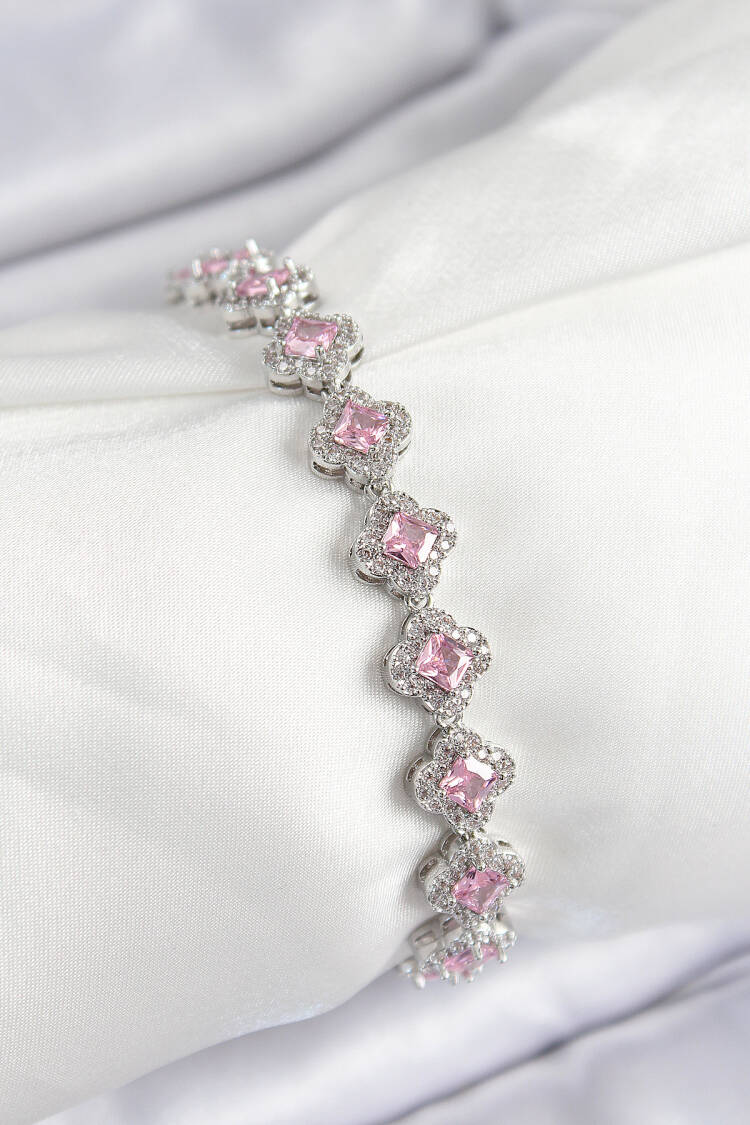 Brass Zircon Stone Pink Clover Baguette Model Silver Color Viping Series Women Bracelet