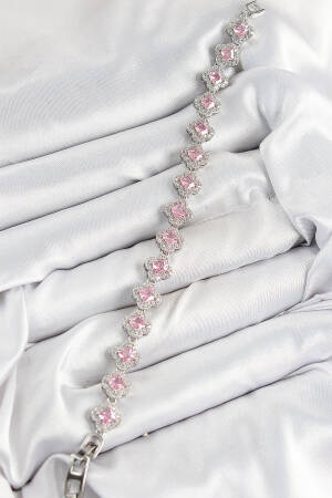 Brass Zircon Stone Pink Clover Baguette Model Silver Color Viping Series Women Bracelet