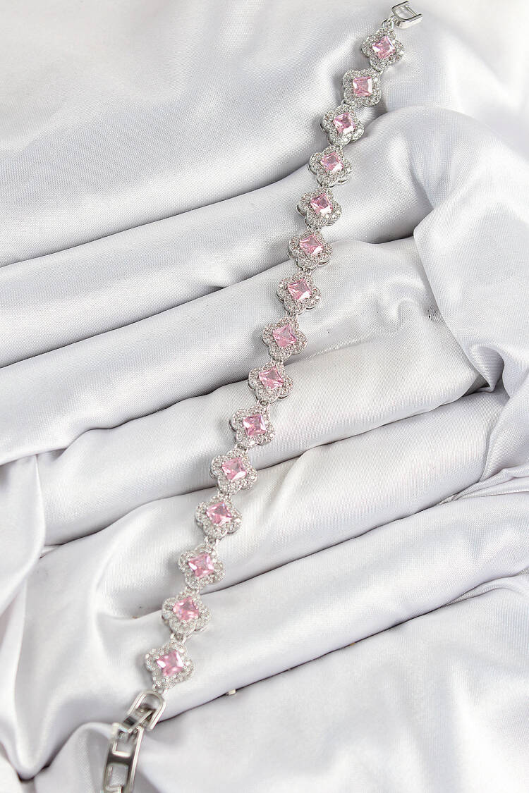 Brass Zircon Stone Pink Clover Baguette Model Silver Color Viping Series Women Bracelet