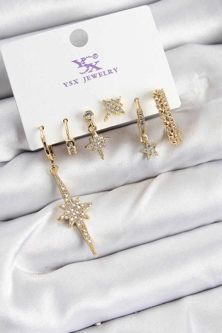 Brass Zircon Stone Pole Star Model Gold Color 3 Pcs Couple Women Earrings
