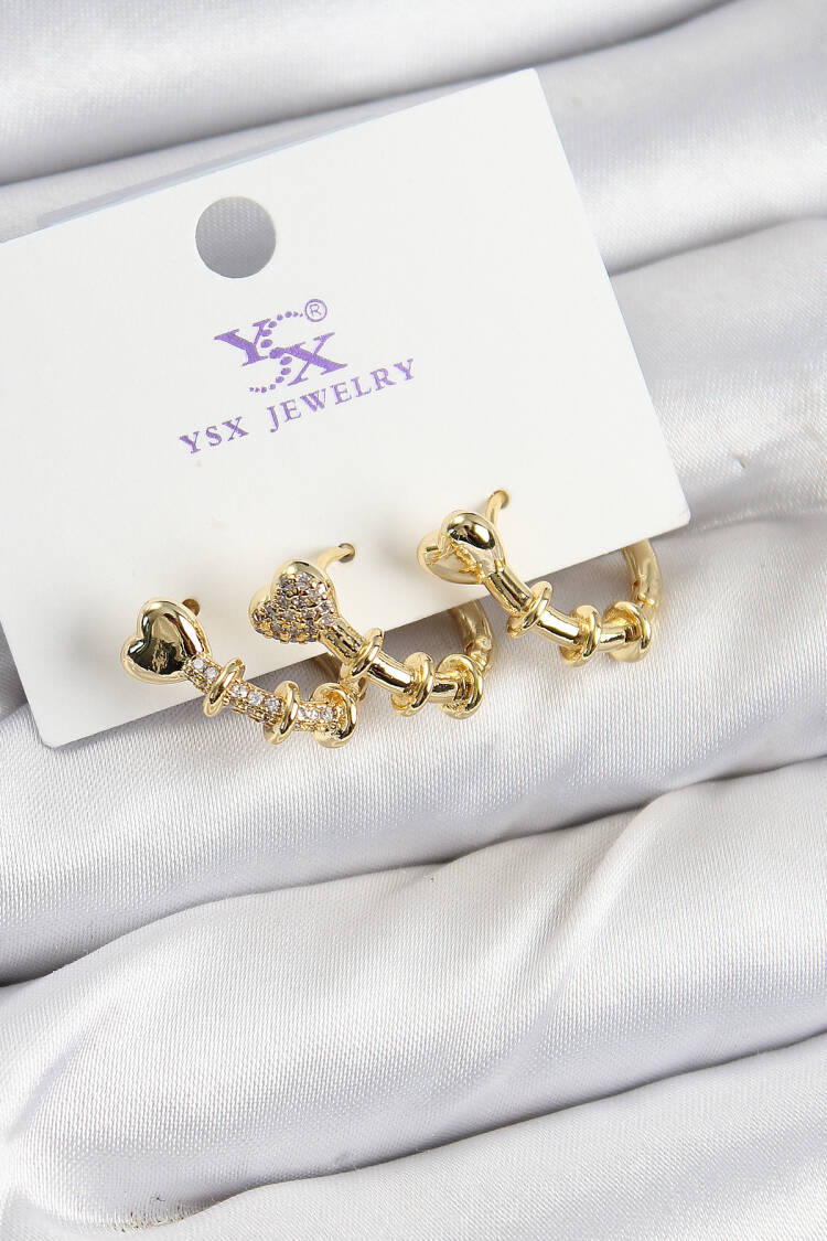 Brass Zircon Stone Heart Model Gold Color 3 Pcs Women's Earrings