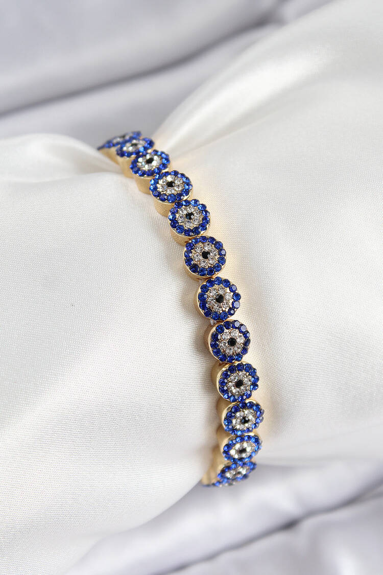 Brass Zircon Stone Navy Blue Evil Eye Model Gold Color Elastic Women's Bracelet