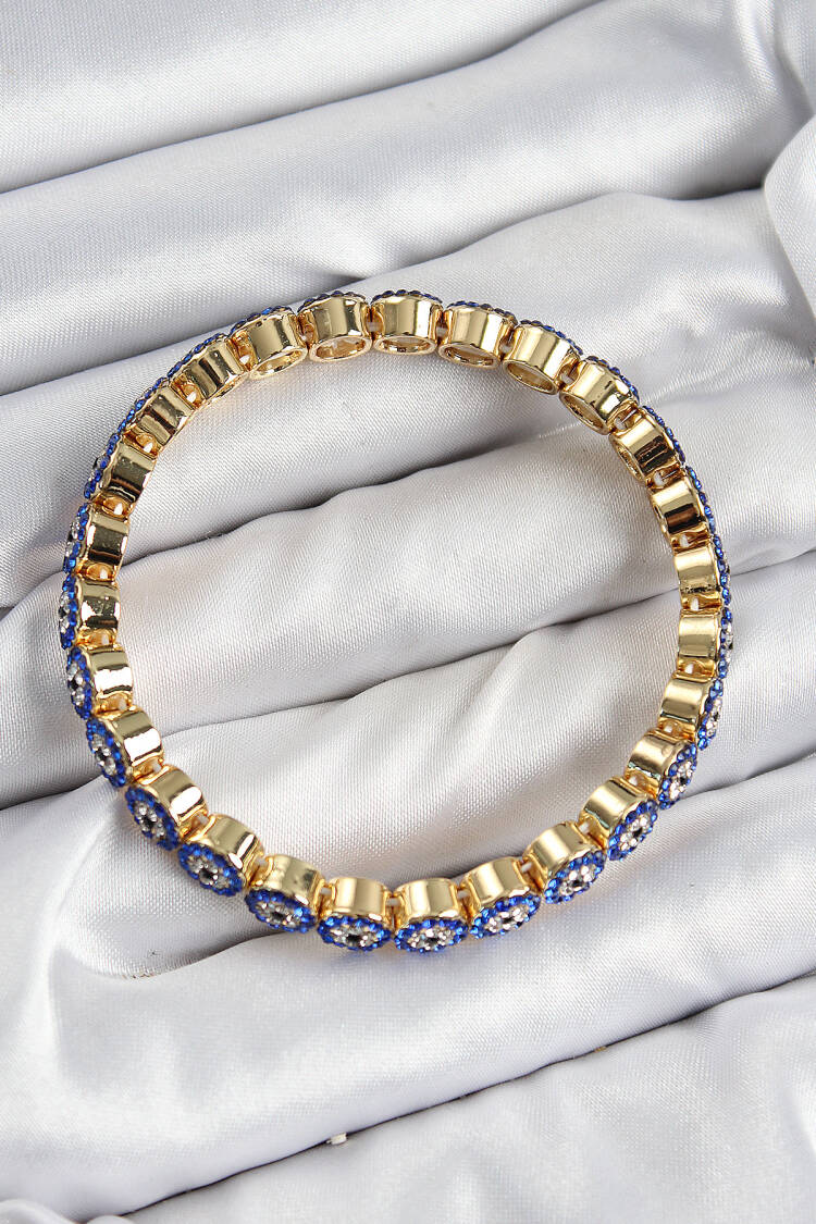 Brass Zircon Stone Navy Blue Evil Eye Model Gold Color Elastic Women's Bracelet