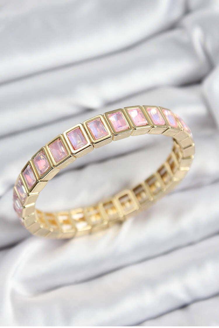 Brass Pink Zircon Stone Rectangle Model Gold Color Elastic Women Bracelet