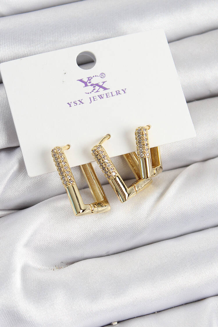 Brass Zircon Stone Rectangle Model Gold Color 3 Piece Women's Earrings
