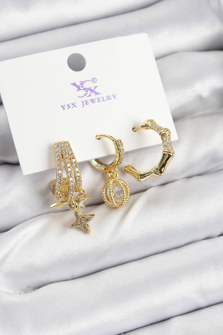 Brass Zircon Stone Swinging Star Model Gold Color 3 Piece Women's Earrings