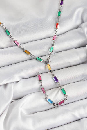 Brass Color Zircon Stone Rectangle Pattern Silver Color Women Y Necklace