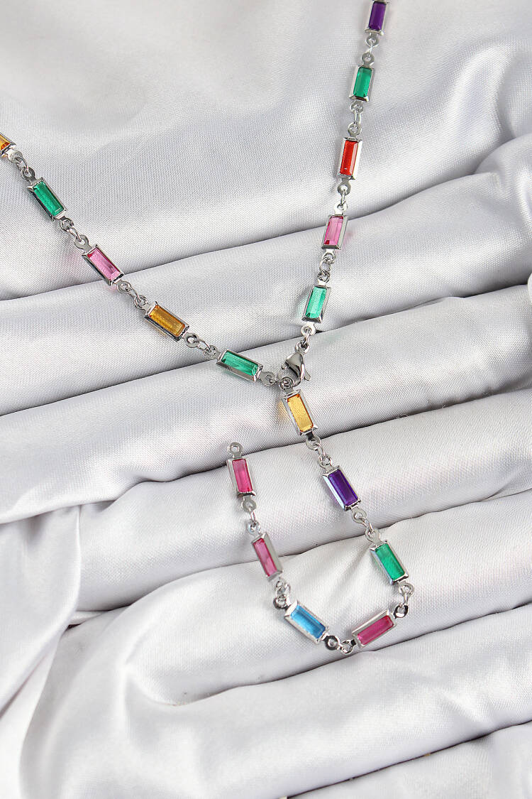 Brass Color Zircon Stone Rectangle Pattern Silver Color Women Y Necklace
