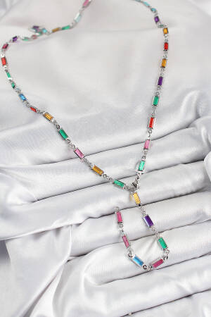 Brass Color Zircon Stone Rectangle Pattern Silver Color Women Y Necklace
