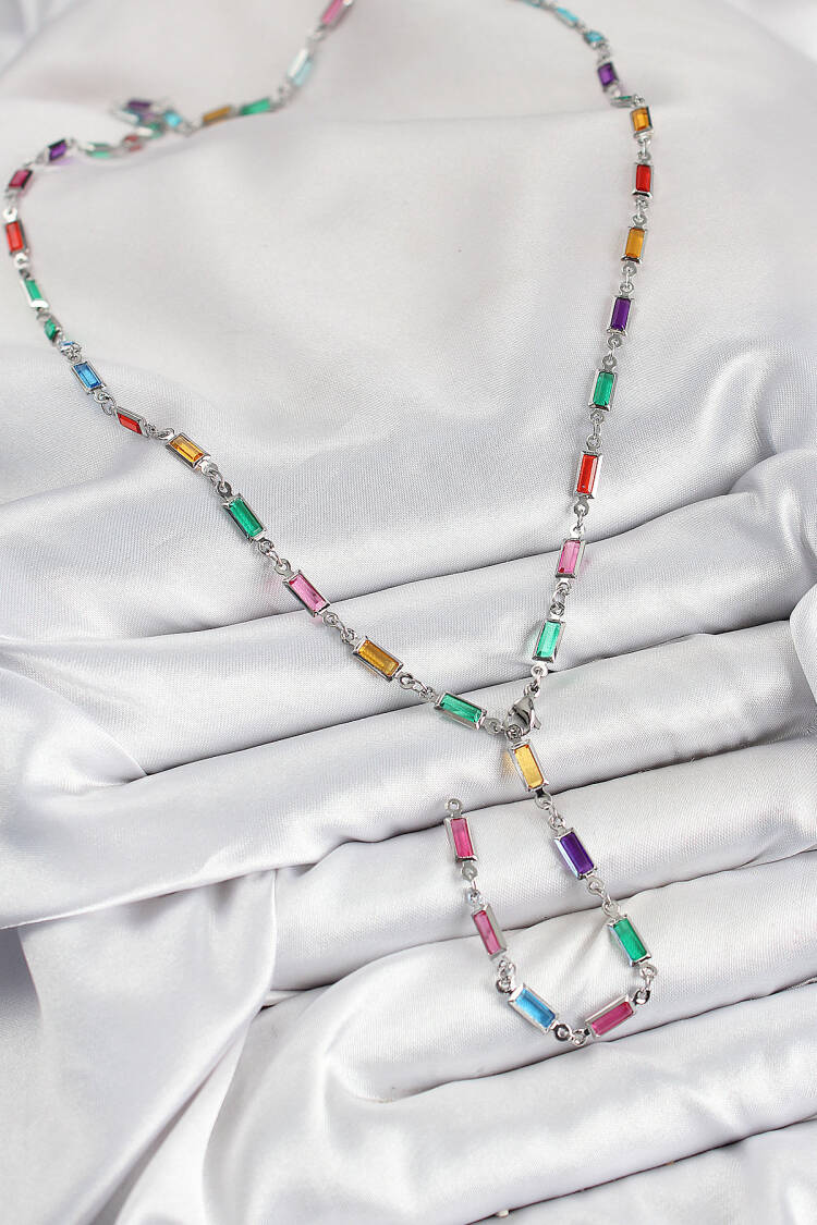 Brass Color Zircon Stone Rectangle Pattern Silver Color Women Y Necklace